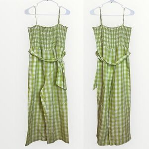 HOUSE OF HARLOW 1960 Linen Blend Smocked Gingham Green White Cropped Jumpsuit